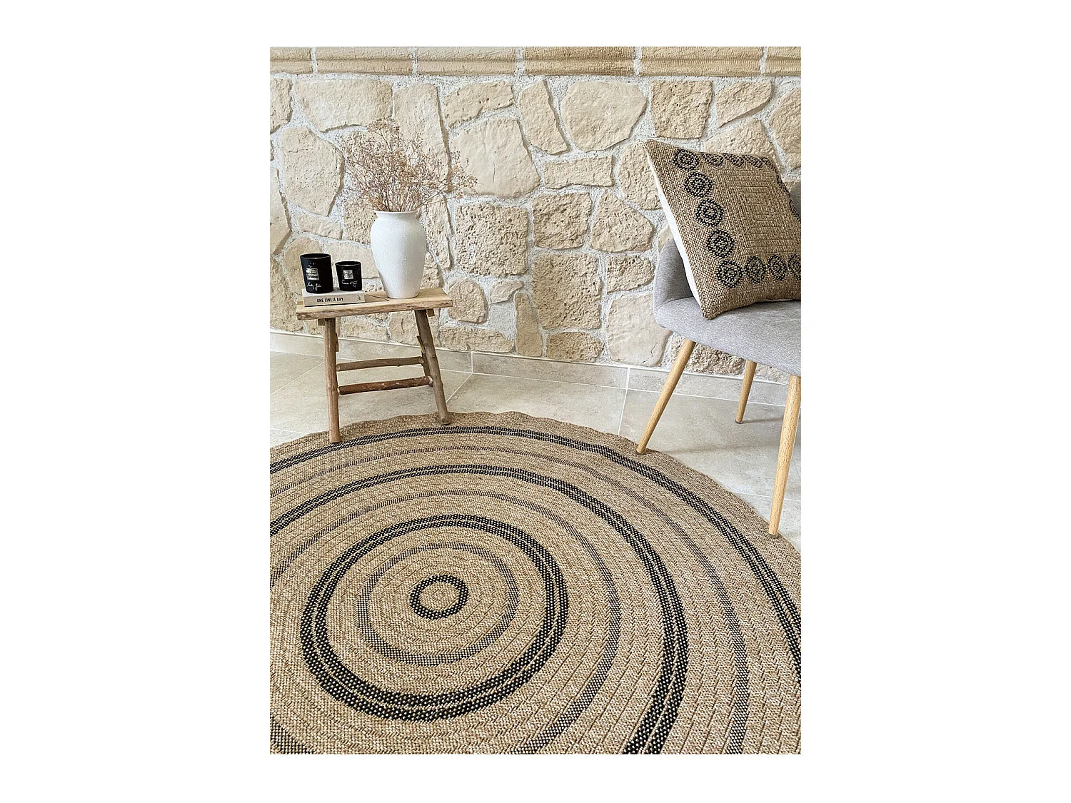 Tapis extérieur rond - 160cm - naturel - 100% polypropylène résistant aux UV - 1400 gr/m² - NOUR