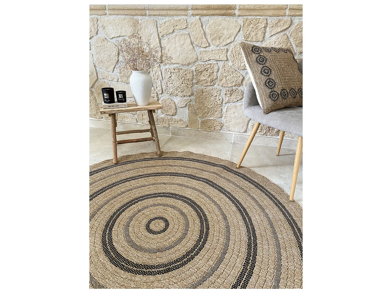 Tapis extérieur rond - 160cm - naturel - 100% polypropylène résistant aux UV - 1400 gr/m² - NOUR