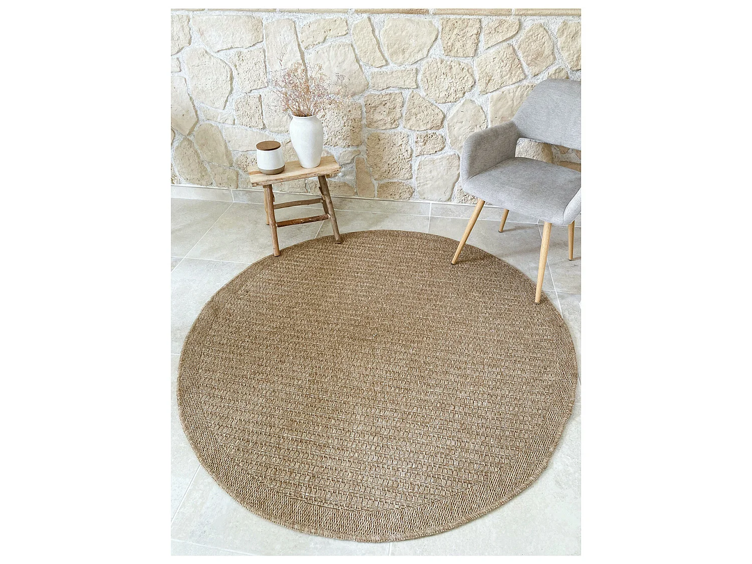 Tapis extérieur rond - 120cm - naturel - 100% polypropylène résistant aux UV - 1400 gr/m² - EDEN