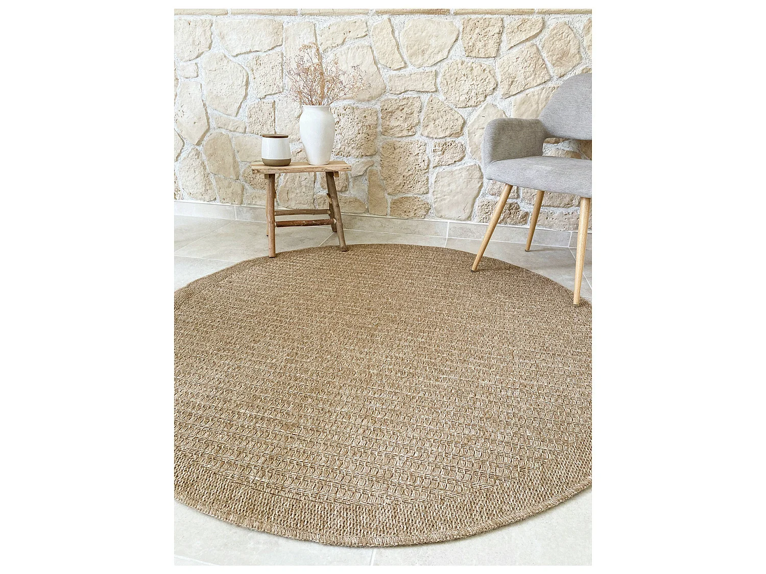 Tapis extérieur rond - 120cm - naturel - 100% polypropylène résistant aux UV - 1400 gr/m² - EDEN