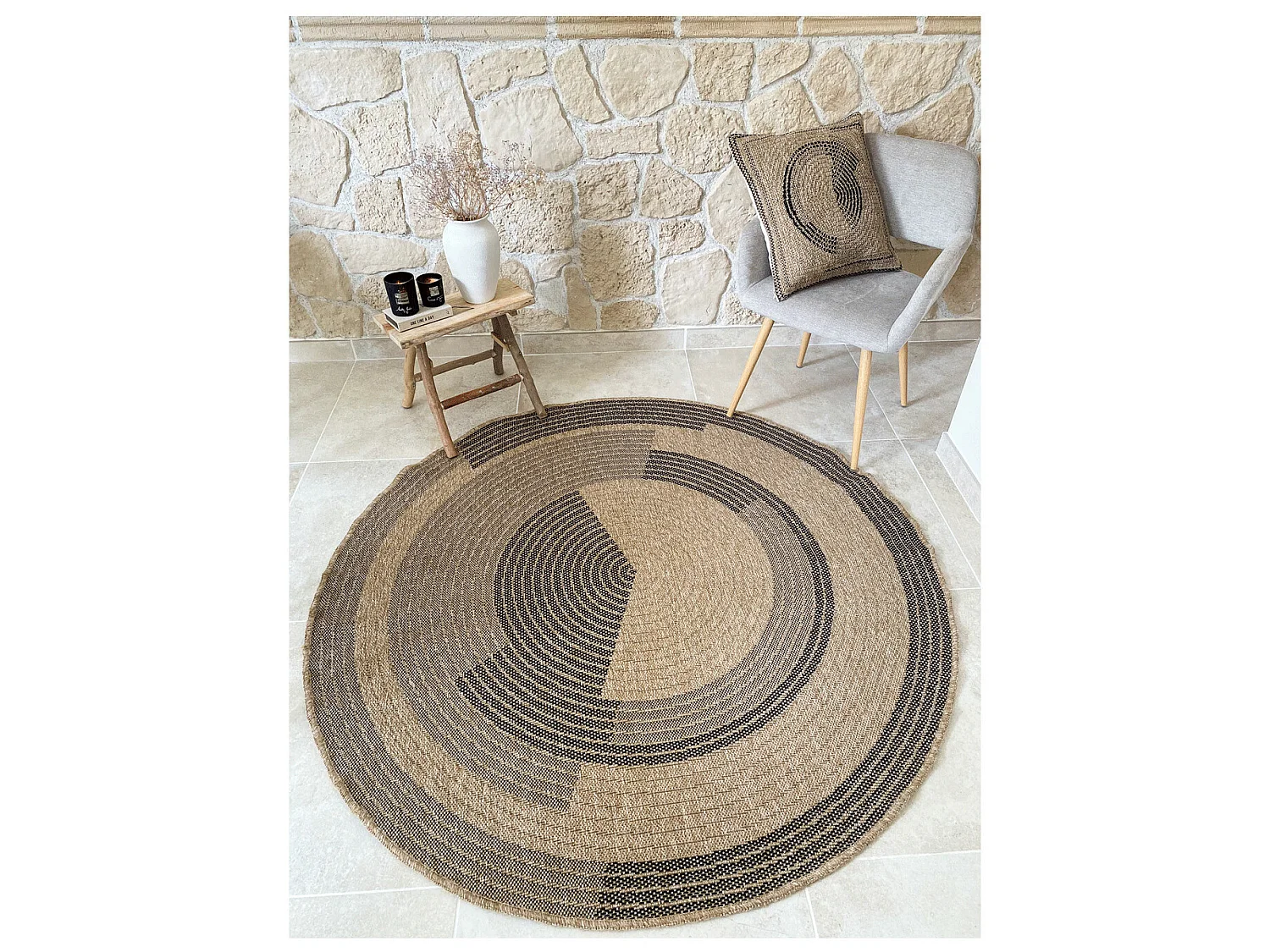 Tapis extérieur rond - 120cm - naturel - 100% polypropylène résistant aux UV - 1400 gr/m² - CORA