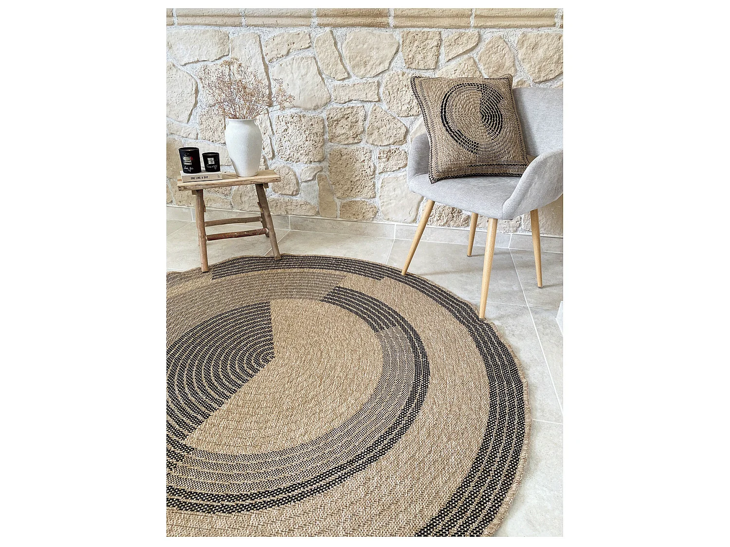 Tapis extérieur rond - 120cm - naturel - 100% polypropylène résistant aux UV - 1400 gr/m² - CORA