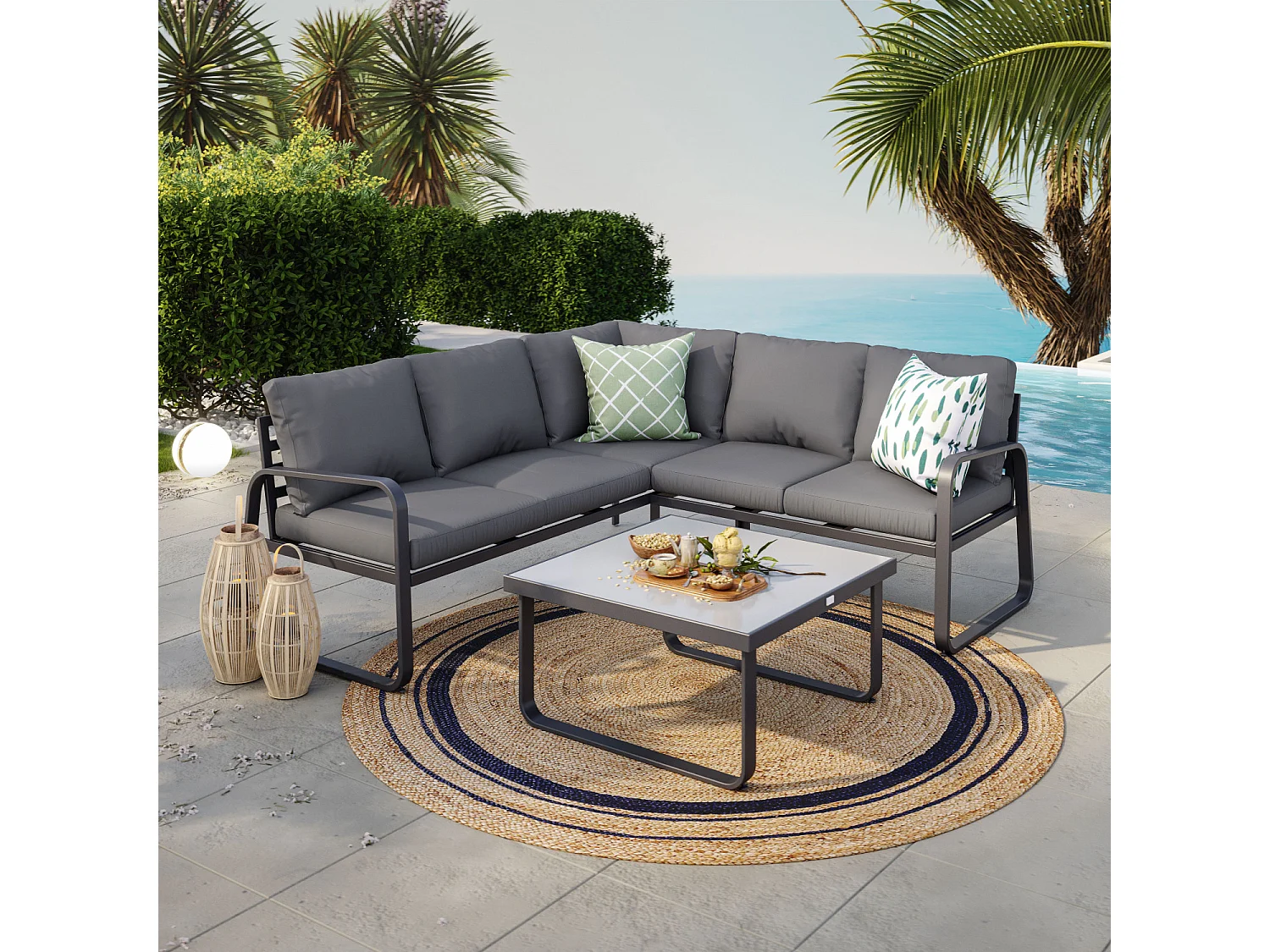 Salon de jardin en aluminium d'angle design aluminium - Gris Anthracite - HILDA