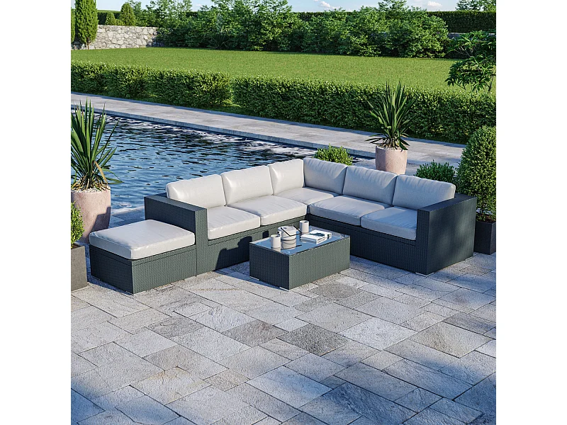 Salon de jardin résine tressée d'angle fonctionnel avec coffre de rangement intégré - noir ecru - FARENZA