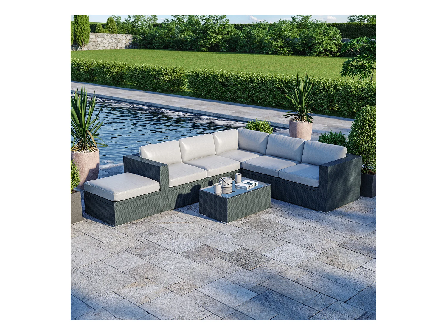 Salon de jardin résine tressée d'angle fonctionnel avec coffre de rangement intégré - noir ecru - FARENZA