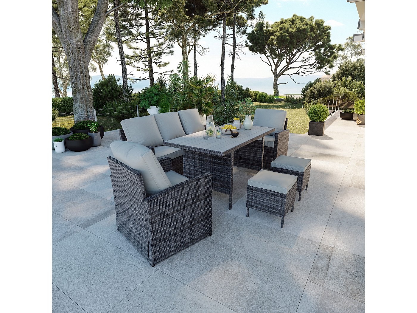 Salon de jardin design 7 places résine tressée table haute - Gris - CALVI