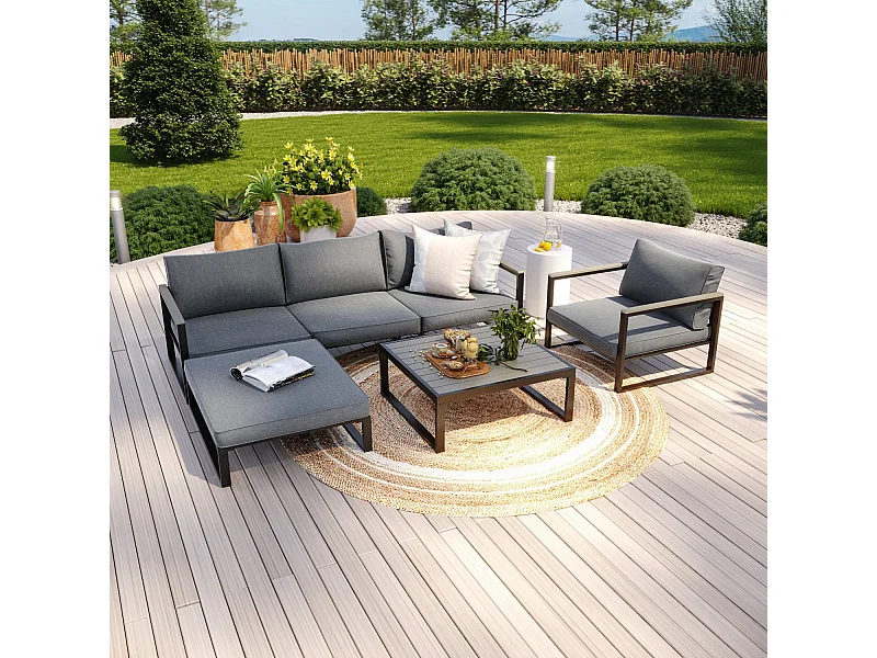 Salon de jardin angle aluminium polywood 5 Places couleur gris - VALENCE