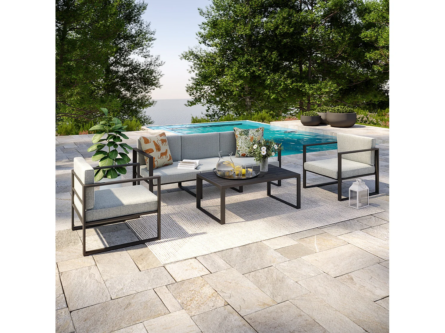 Salon de jardin design aluminium 5 Places Gris - HONFLEUR