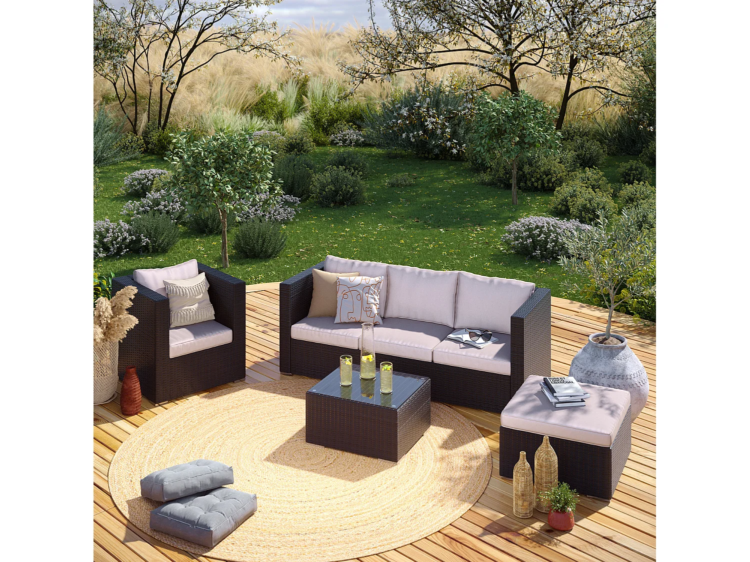 Salon de jardin résine tressée 5 places - Noir / Ecru - LUNGA 5