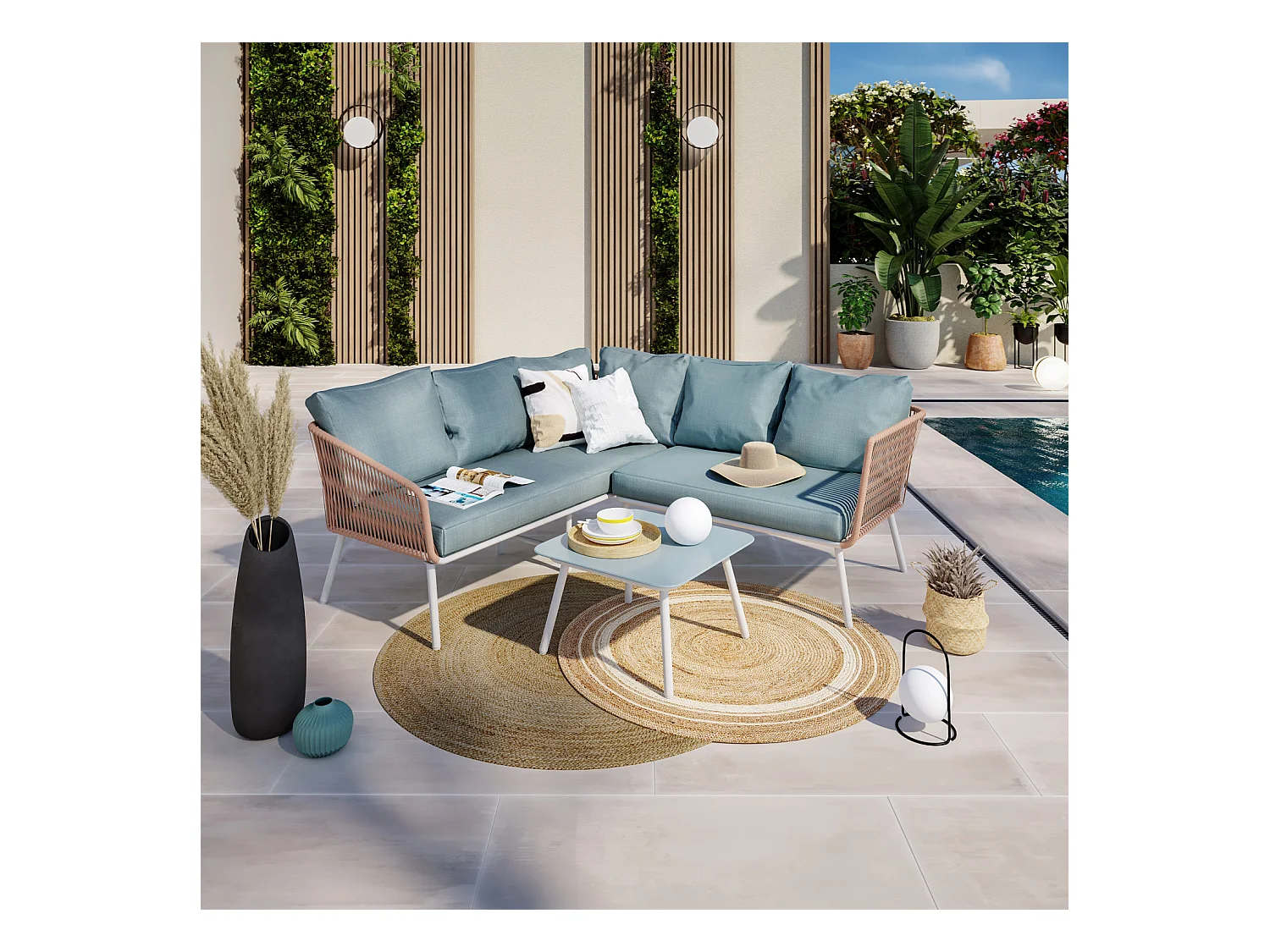 Salon de jardin cordes et aluminium - salon angle Marron Turquoise - intérieur/extérieur - SANTORIN