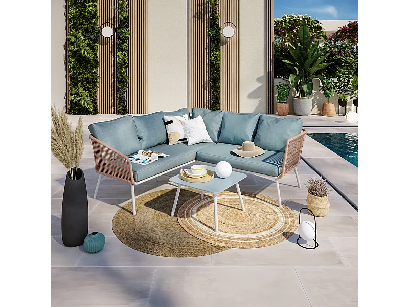 Salon de jardin cordes et aluminium - salon angle Marron Turquoise - intérieur/extérieur - SANTORIN