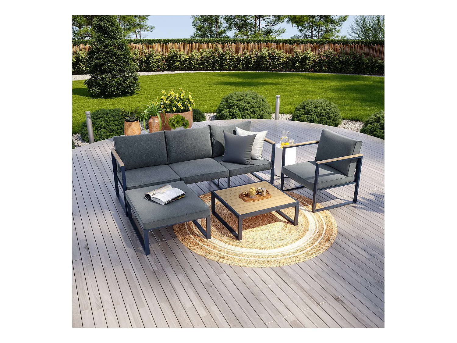 Salon de jardin angle aluminium polywood 5 Places gris et naturel - VALENCE