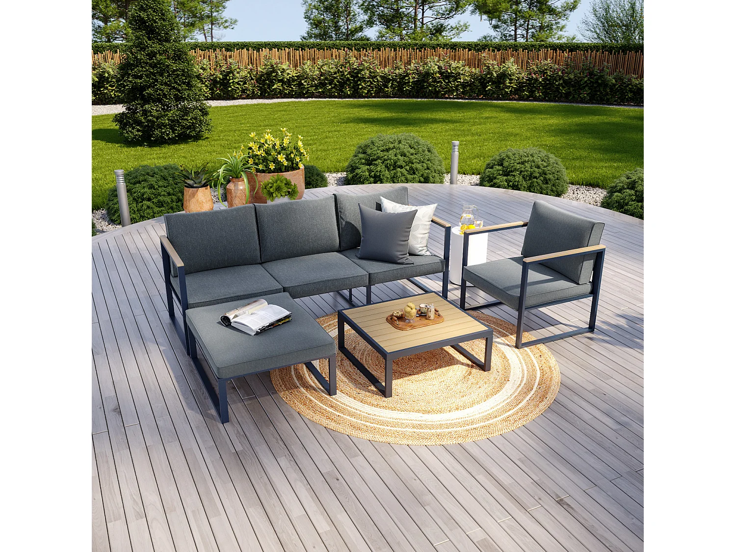 Salon de jardin angle aluminium polywood 5 Places gris et naturel - VALENCE