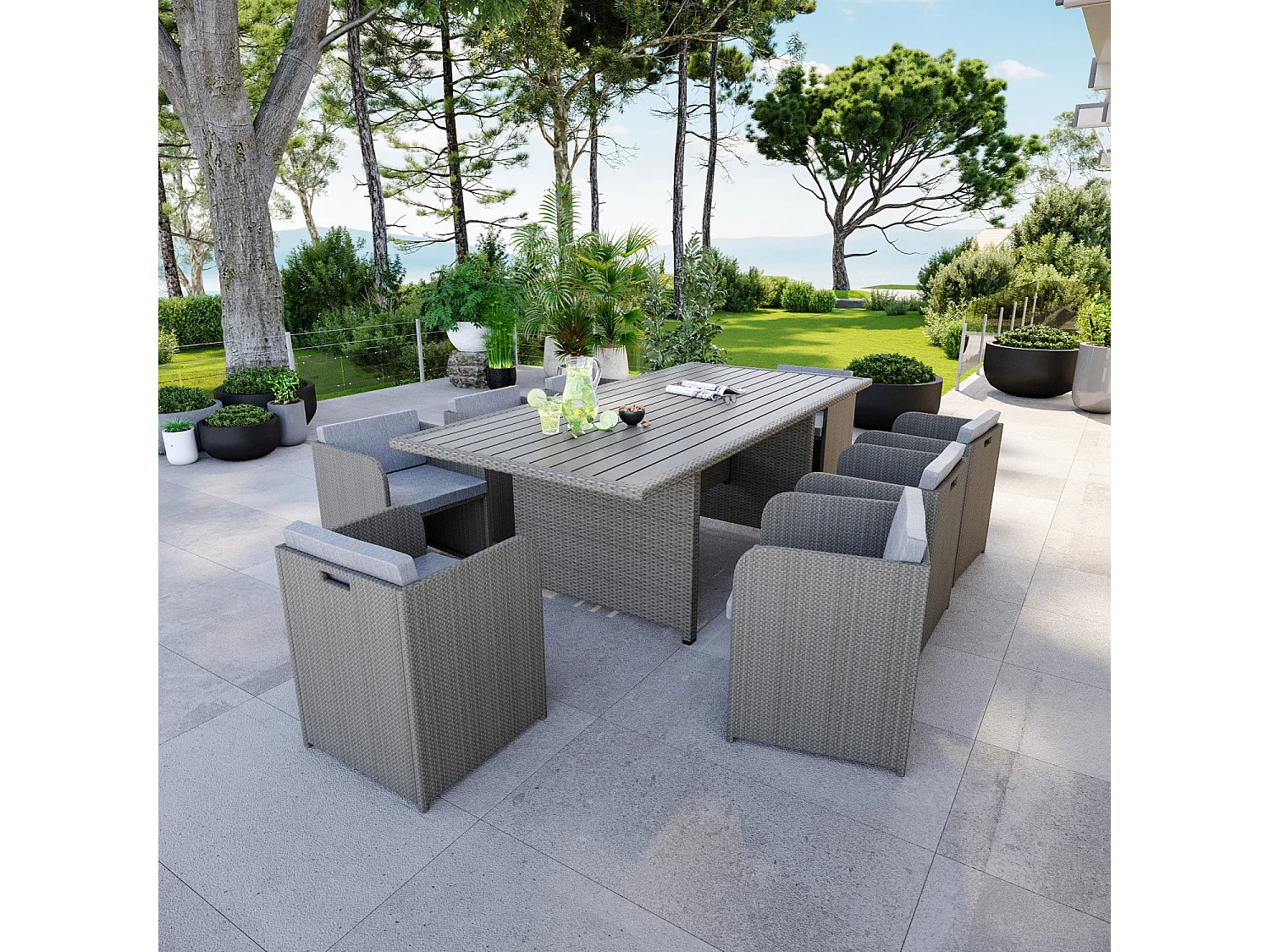 8 Places - Ensemble encastrable salon table de jardin aluminium et acier, housse de protection- Gris - CABOURG