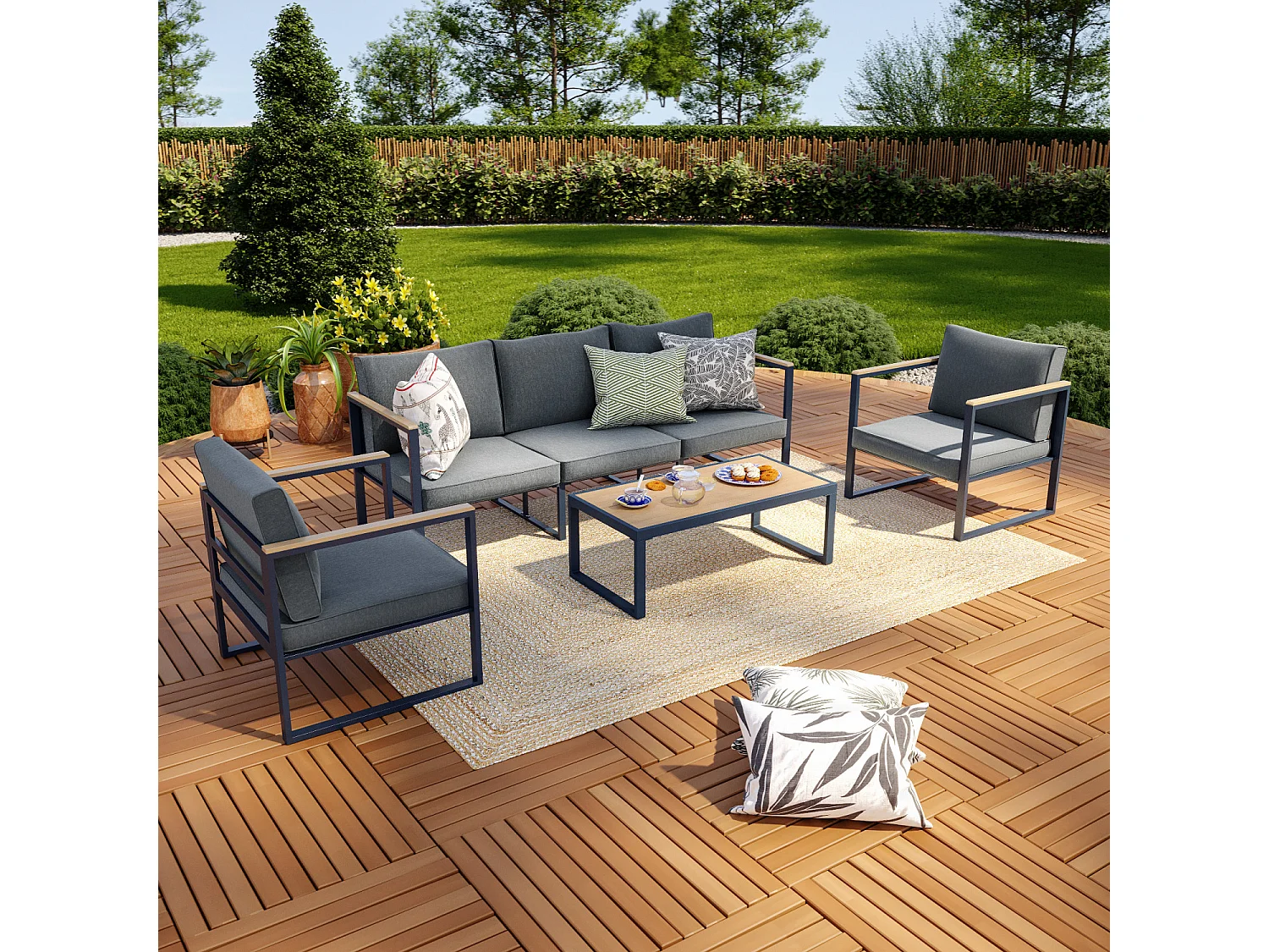 Salon de jardin aluminium et polywood 5 Places gris et naturel - VINCENNES