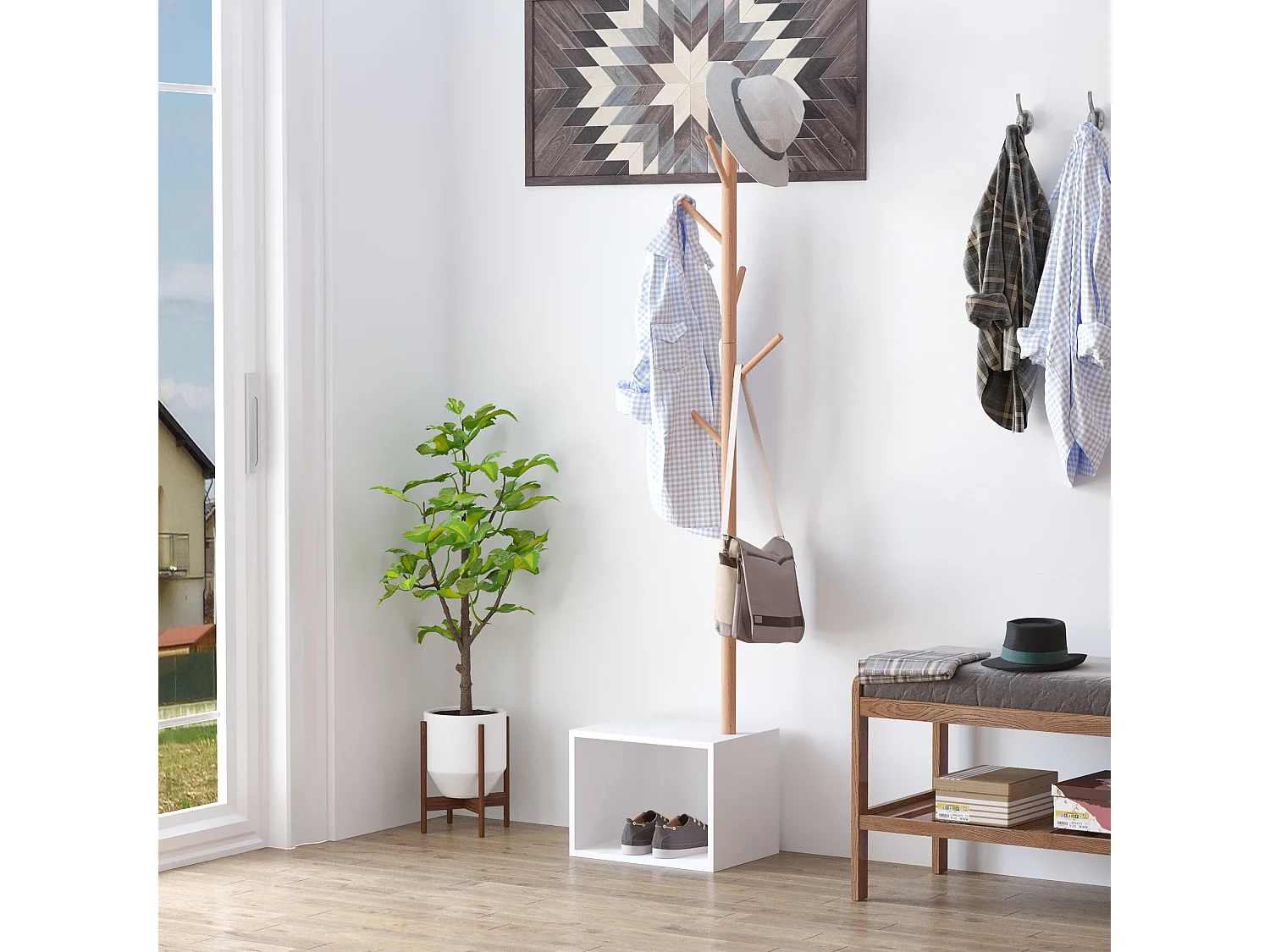 Perchero de pie blanco y madera natural 40x30x180cm HOMCOM