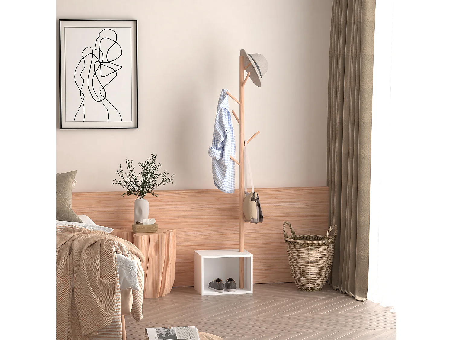 Perchero de pie blanco y madera natural 40x30x180cm HOMCOM