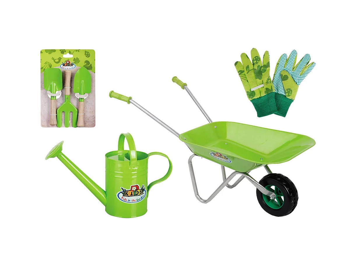 Set kleiner Gärtner Zubehör für Kinder aus Metall Handschuhe + kleine Werkzeuge + Schubkarre + Gießkanne