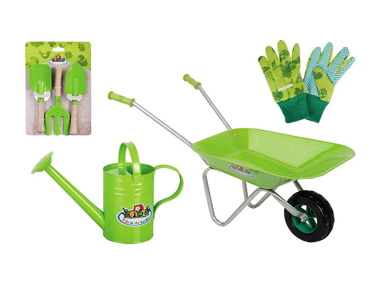 Kit pequeño jardinero accesorios metálicos para niños Guantes + pequeñas herramientas + carretilla + regadera