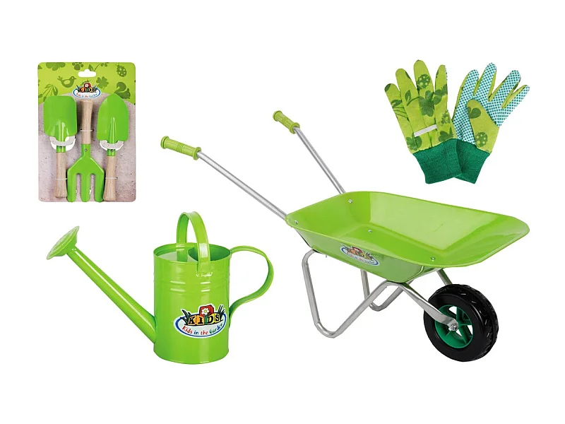 Kit petit jardinier accessoires pour enfant en métal Gants + petits outils + brouette + arrosoir
