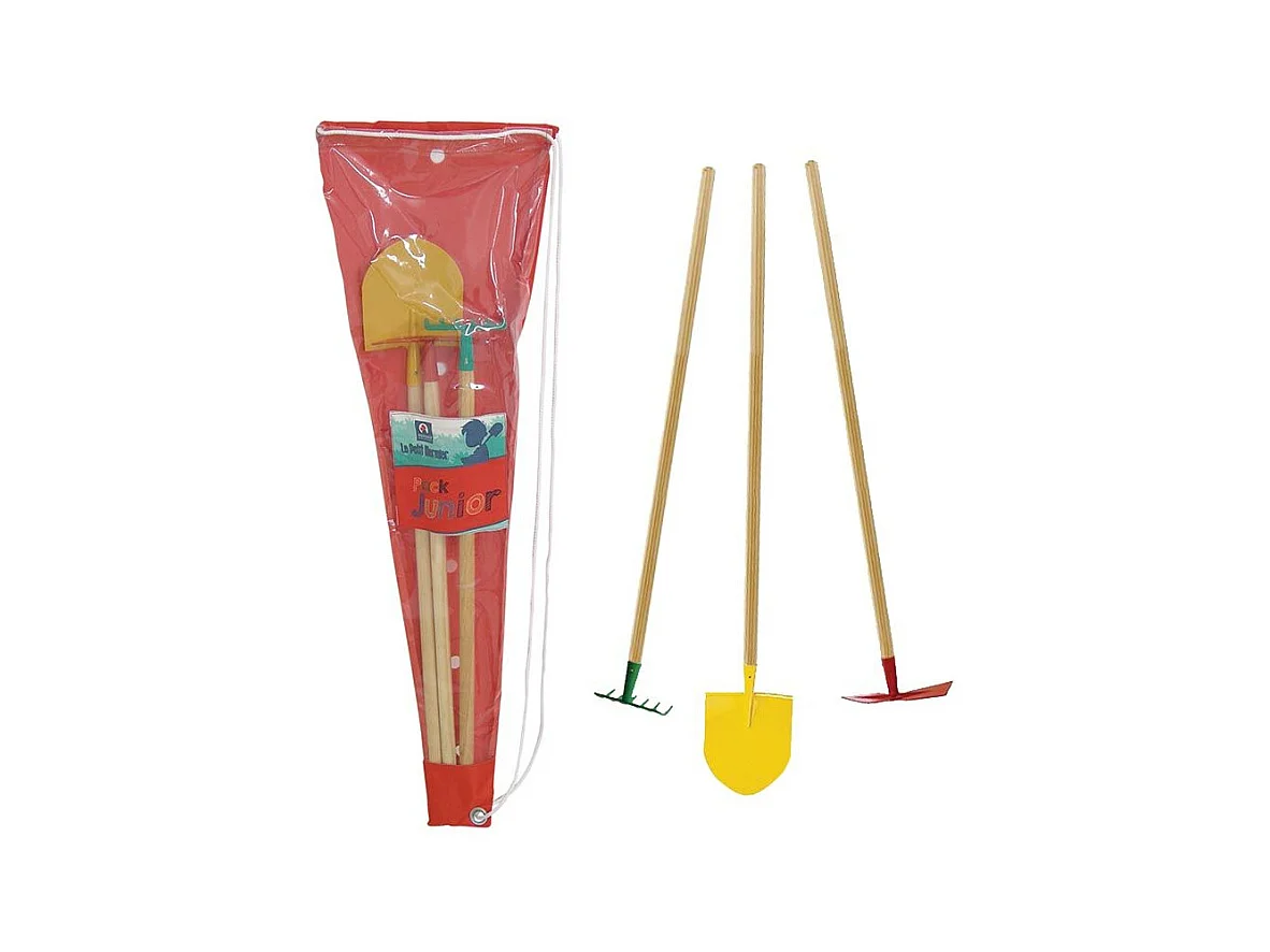 Set 3 outils de jardin enfant + sac de transport Pelle + râteau + pioche