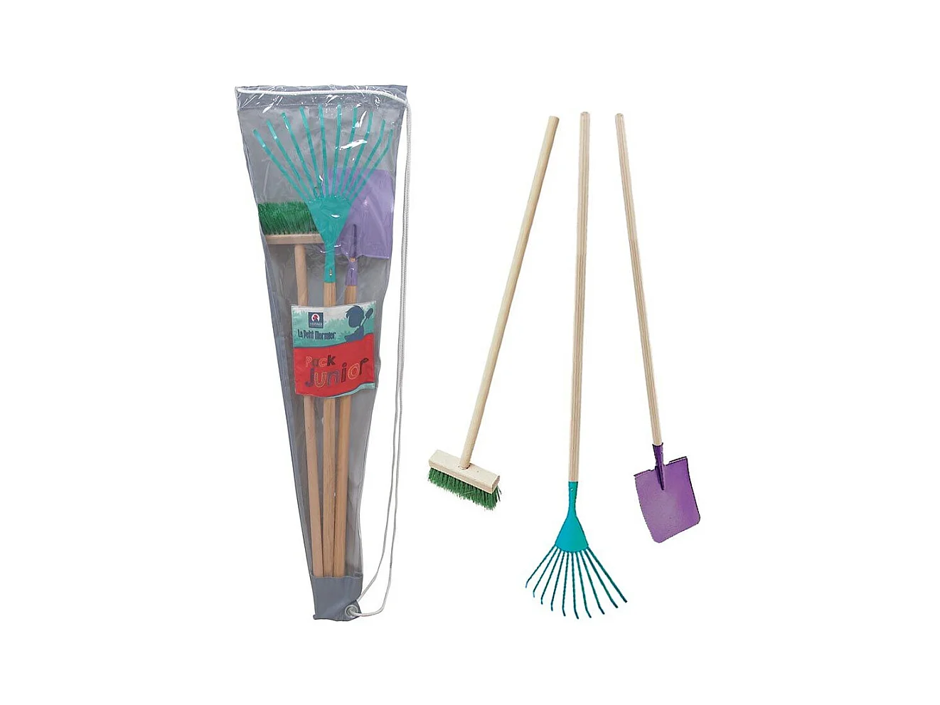 Set di 3 attrezzi da giardino per bambini + borsa per il trasporto Pala + scopa + rastrello