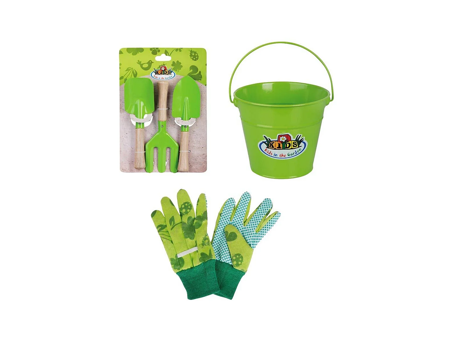 Set kleiner Gärtner Zubehör für Kinder aus Metall Eimer + Handschuhe + kleine Werkzeuge