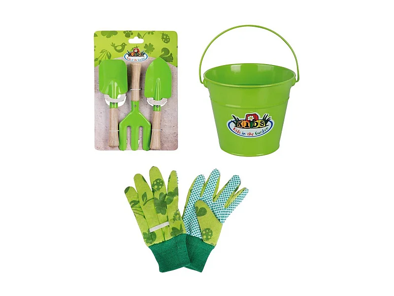 Kit petit jardinier accessoires pour enfant en métal Seau + gants + petits outils
