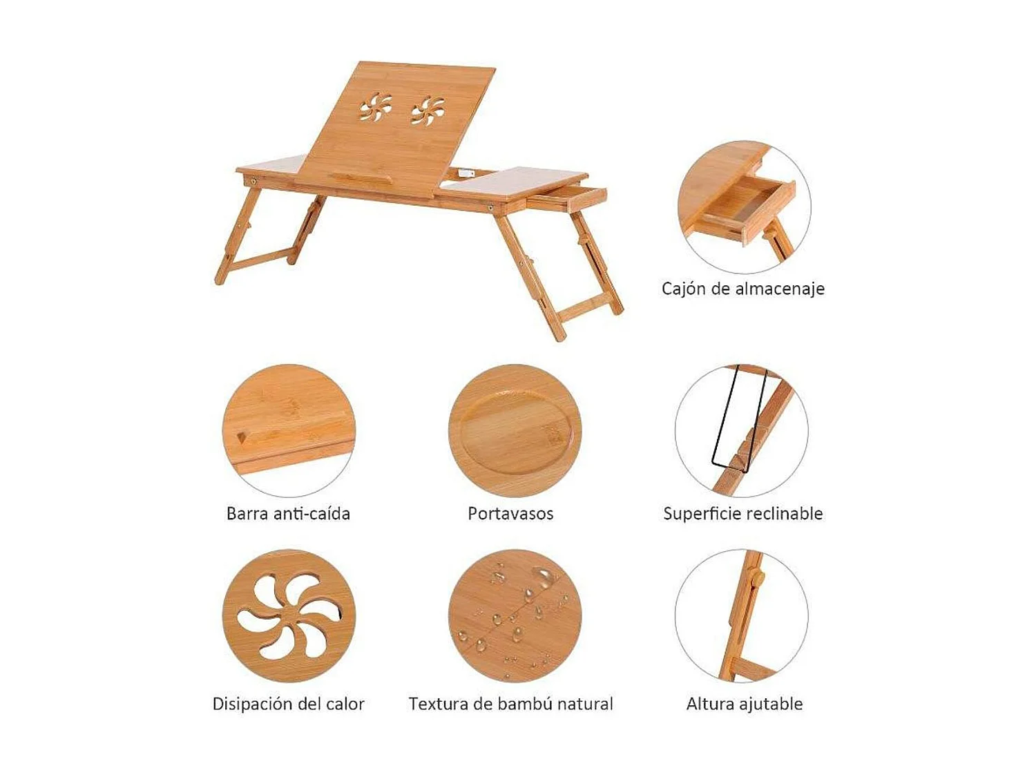 Mesa de ordenador portátil natural bambú 72x35x30 cm HOMCOM