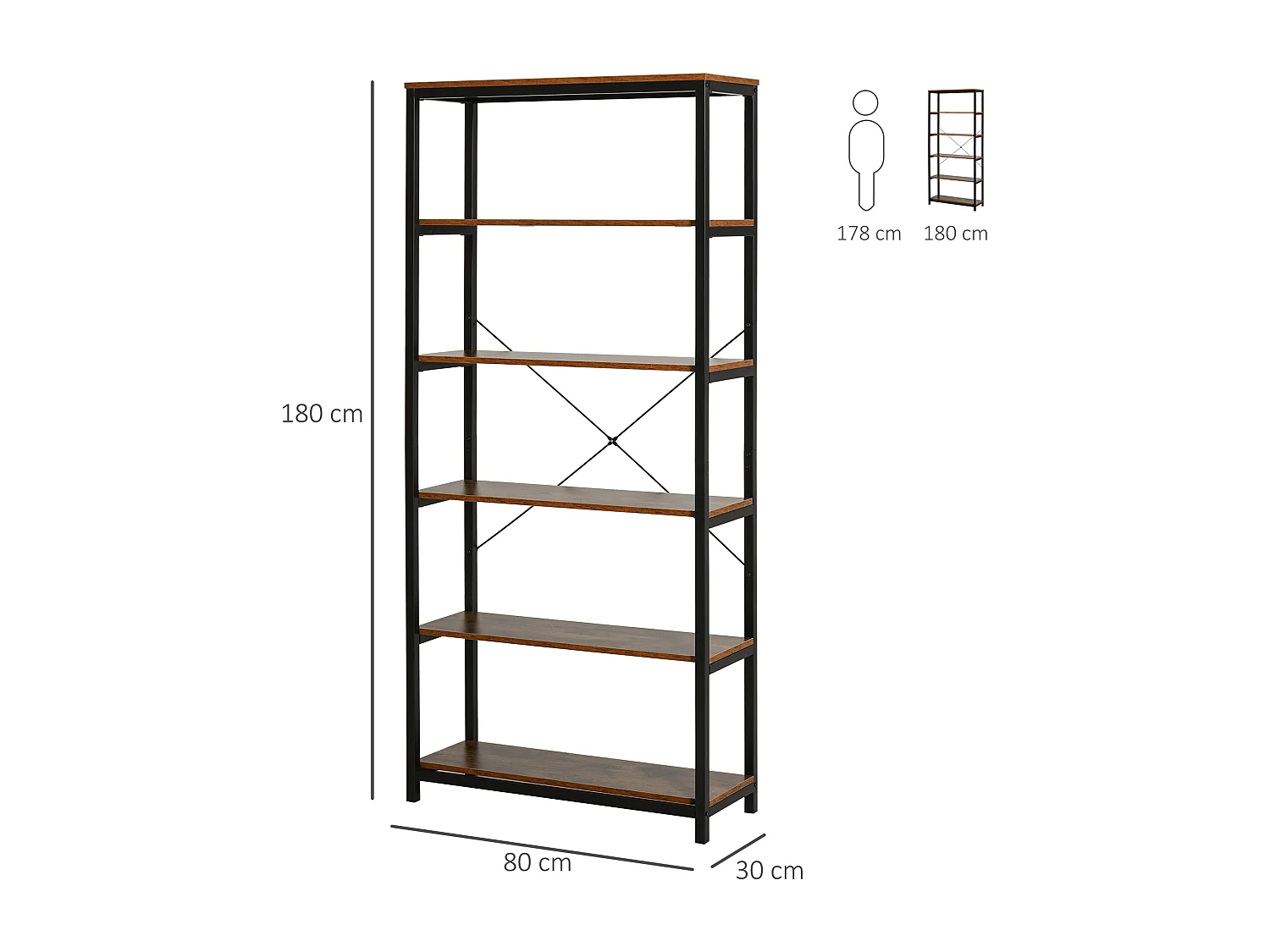 Estantería de 6 niveles negro y marrón rústico 80x30x180 cm HOMCOM