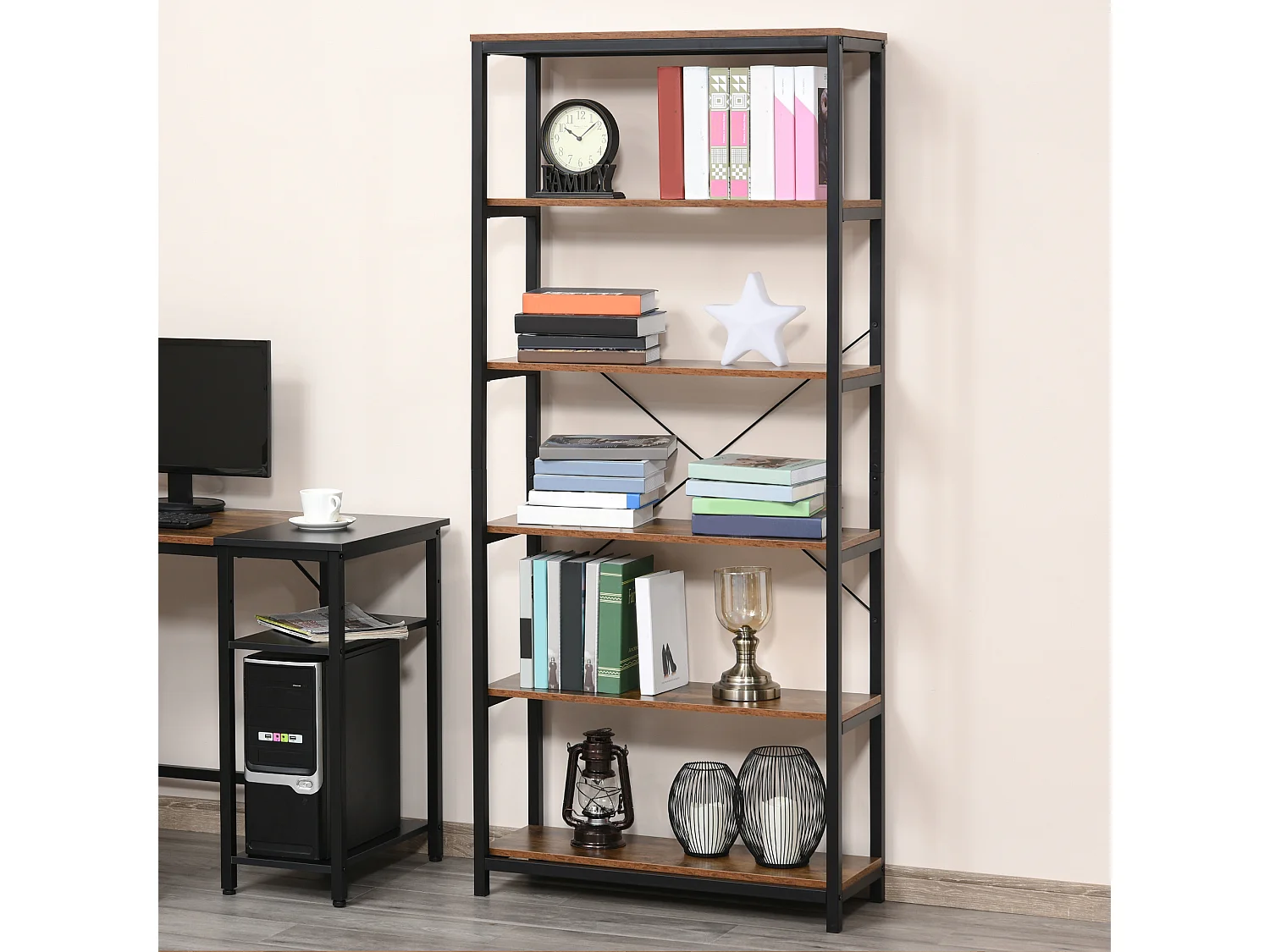 Estantería de 6 niveles negro y marrón rústico 80x30x180 cm HOMCOM