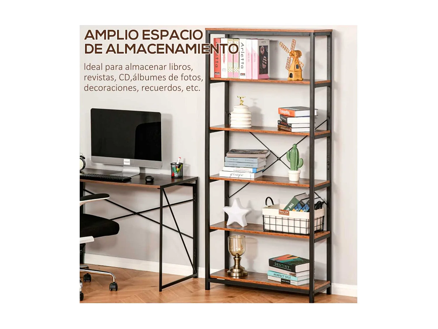 Estantería de 6 niveles negro y marrón rústico 80x30x180 cm HOMCOM