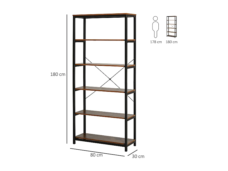 Estantería de 6 niveles negro y marrón rústico 80x30x180 cm HOMCOM