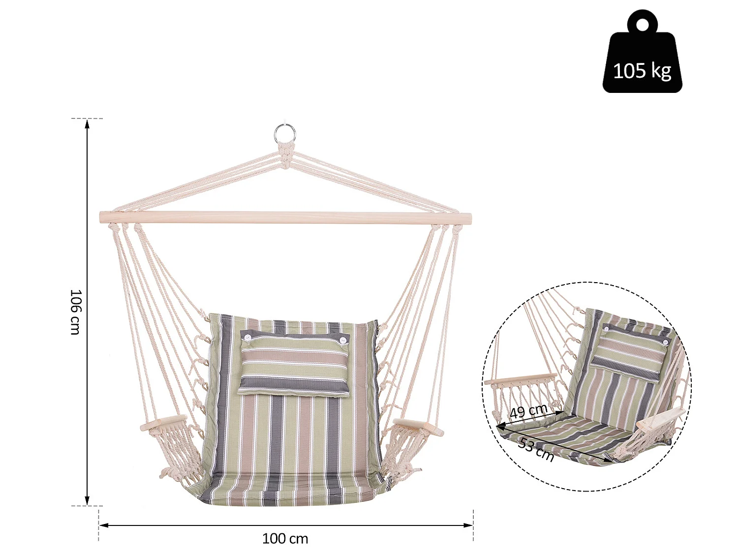 Silla colgante rayas multicolor 100x106 cm Outsunny