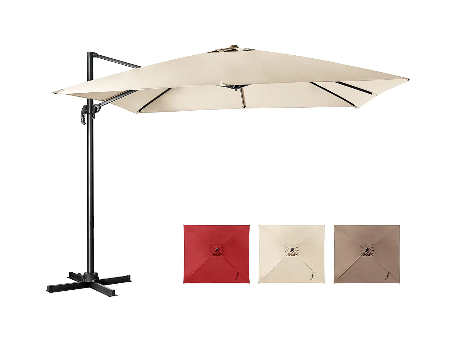 Parasol Déporté Inclinable 3x3M avec Base Croisée Rotatif à 360°,Manivelle,8 Baleines,Event pour Jardin,Terrasse, H273 cm （Beige)