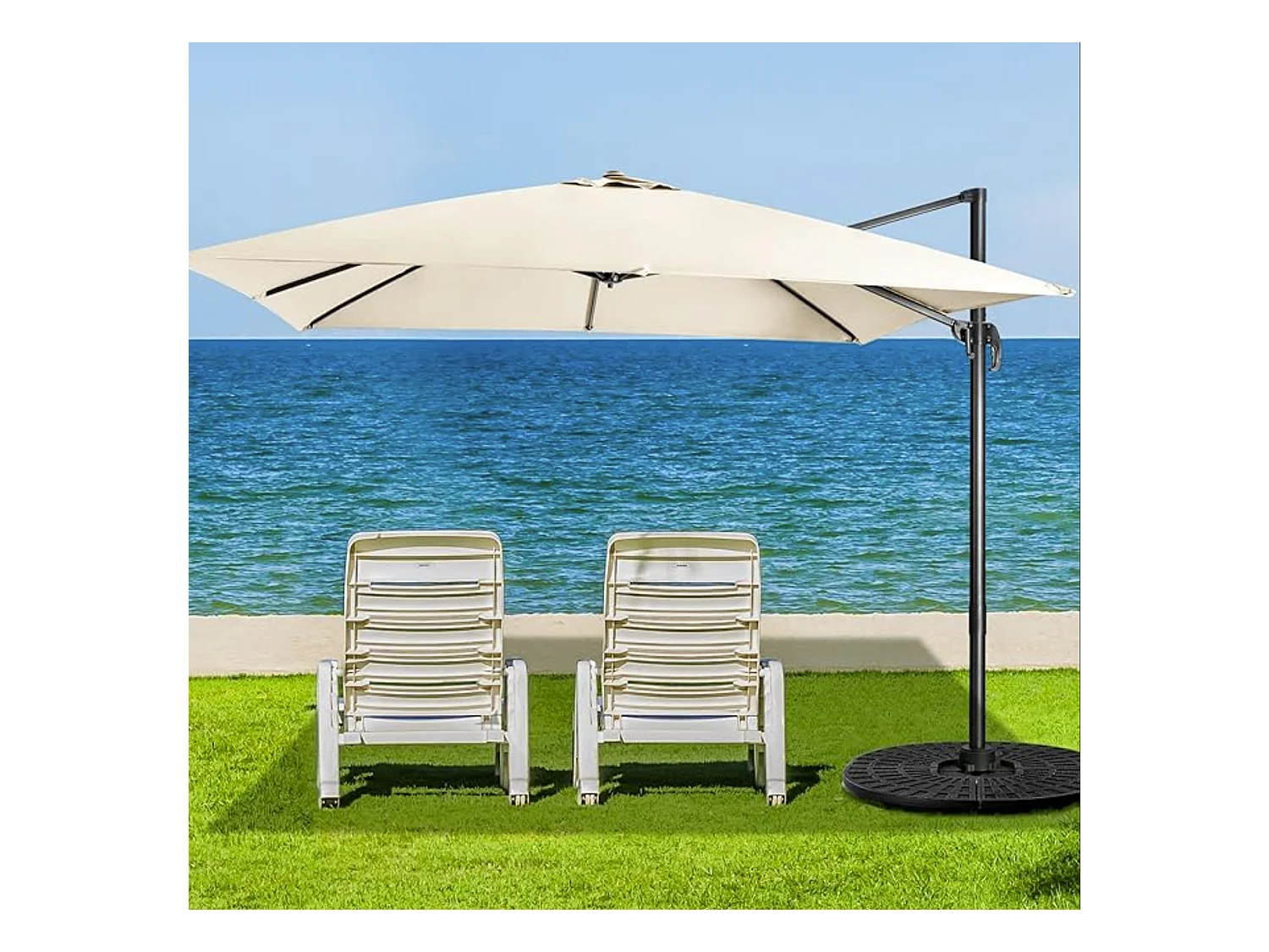 Parasol Déporté Inclinable 3x3M avec Base Croisée Rotatif à 360°,Manivelle,8 Baleines,Event pour Jardin,Terrasse, H273 cm （Beige)