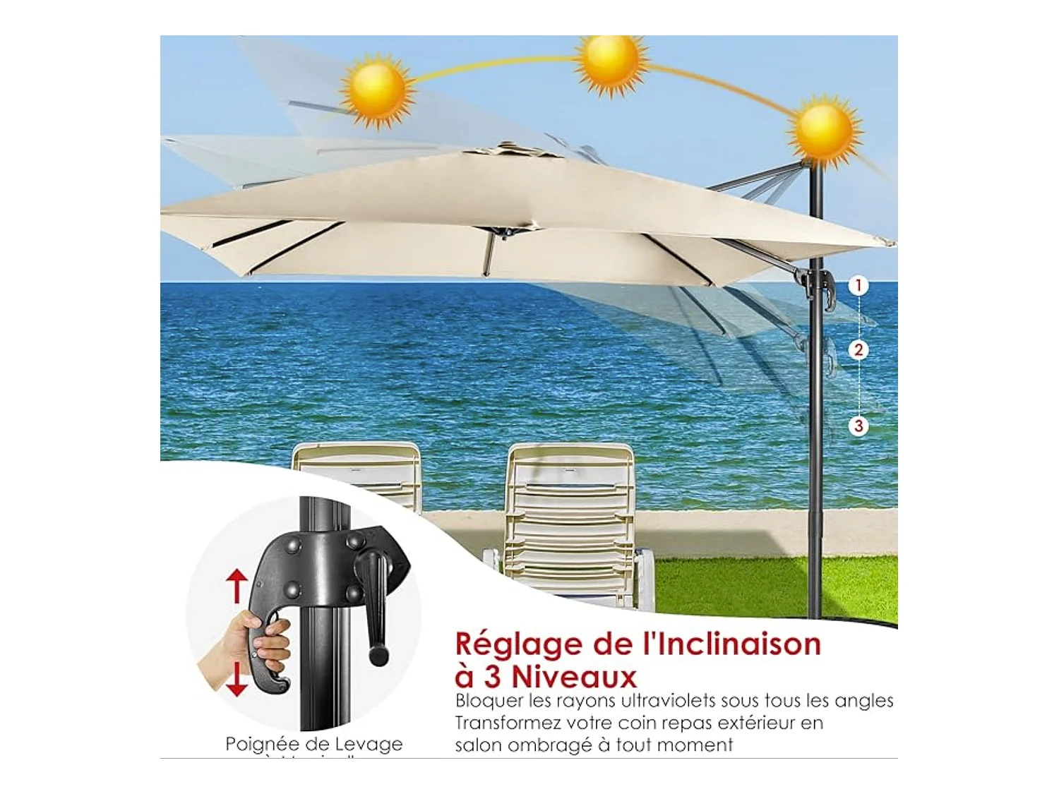 Parasol Déporté Inclinable 3x3M avec Base Croisée Rotatif à 360°,Manivelle,8 Baleines,Event pour Jardin,Terrasse, H273 cm （Beige)