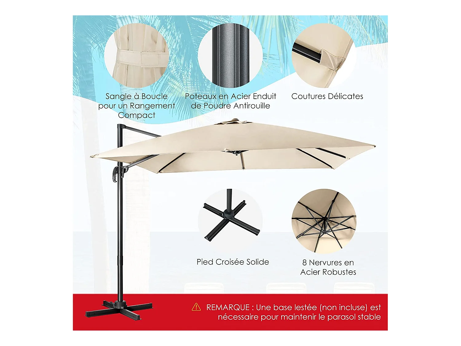Parasol Déporté Inclinable 3x3M avec Base Croisée Rotatif à 360°,Manivelle,8 Baleines,Event pour Jardin,Terrasse, H273 cm （Beige)