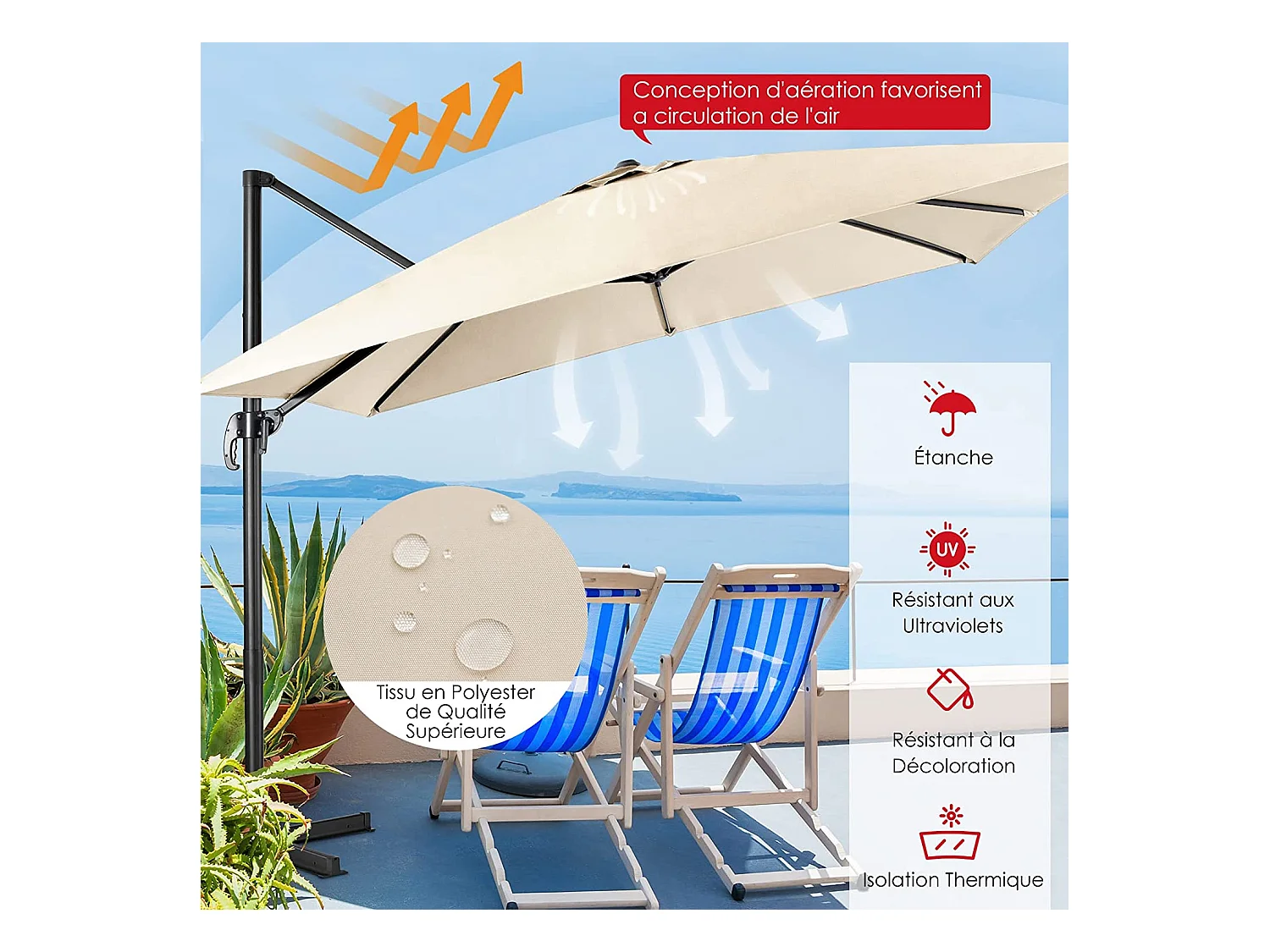 Parasol Déporté Inclinable 3x3M avec Base Croisée Rotatif à 360°,Manivelle,8 Baleines,Event pour Jardin,Terrasse, H273 cm （Beige)