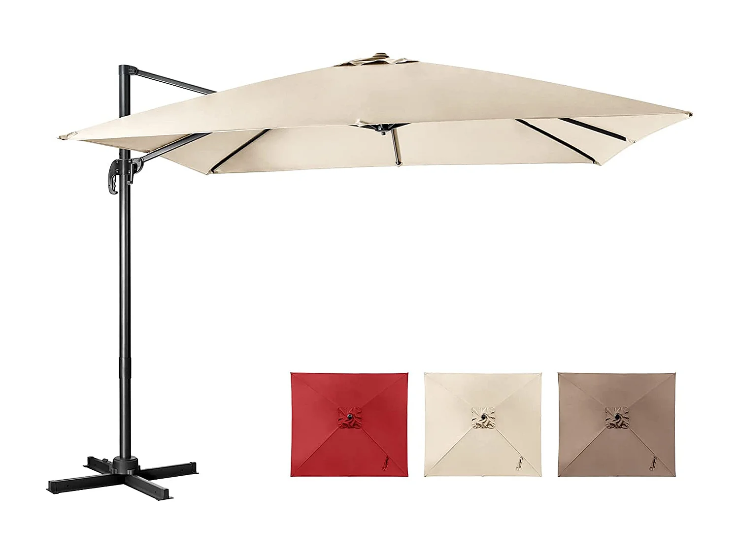 Parasol Déporté Inclinable 3x3M avec Base Croisée Rotatif à 360°,Manivelle,8 Baleines,Event pour Jardin,Terrasse, H273 cm （Beige)