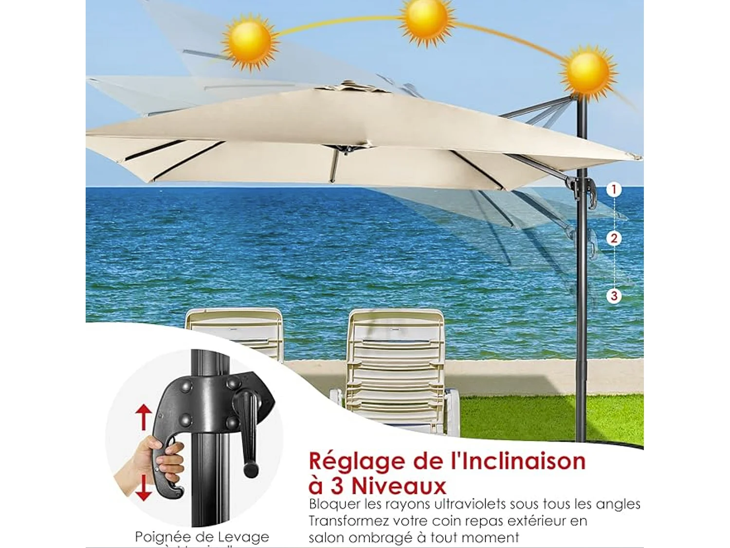 Parasol Déporté Inclinable 3x3M avec Base Croisée Rotatif à 360°,Manivelle,8 Baleines,Event pour Jardin,Terrasse, H273 cm （Beige)