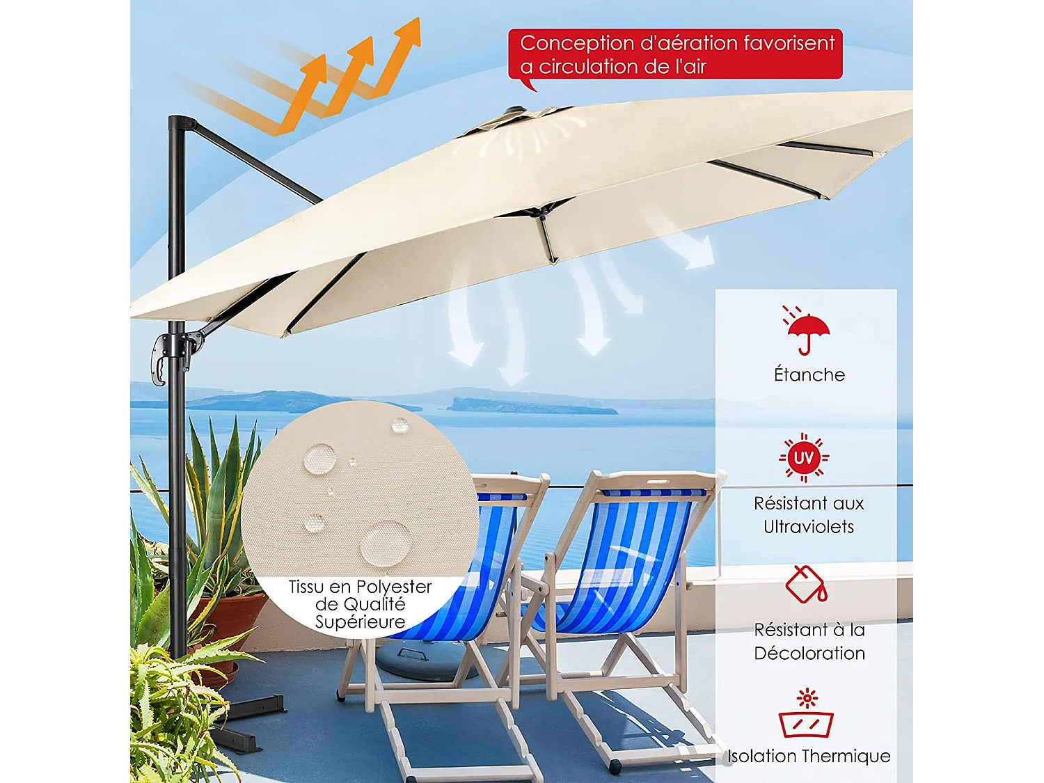 Parasol Déporté Inclinable 3x3M avec Base Croisée Rotatif à 360°,Manivelle,8 Baleines,Event pour Jardin,Terrasse, H273 cm （Beige)