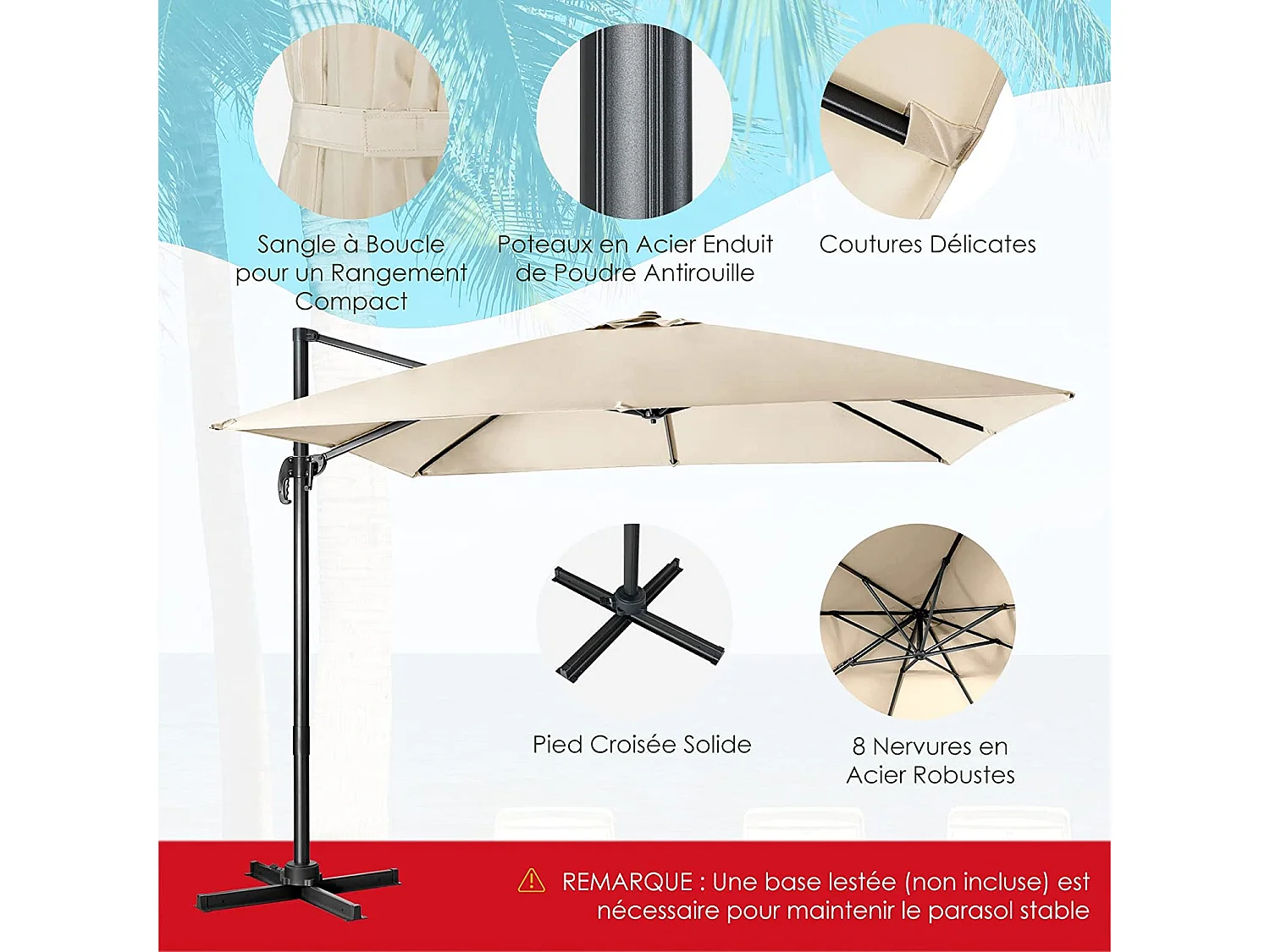 Parasol Déporté Inclinable 3x3M avec Base Croisée Rotatif à 360°,Manivelle,8 Baleines,Event pour Jardin,Terrasse, H273 cm （Beige)