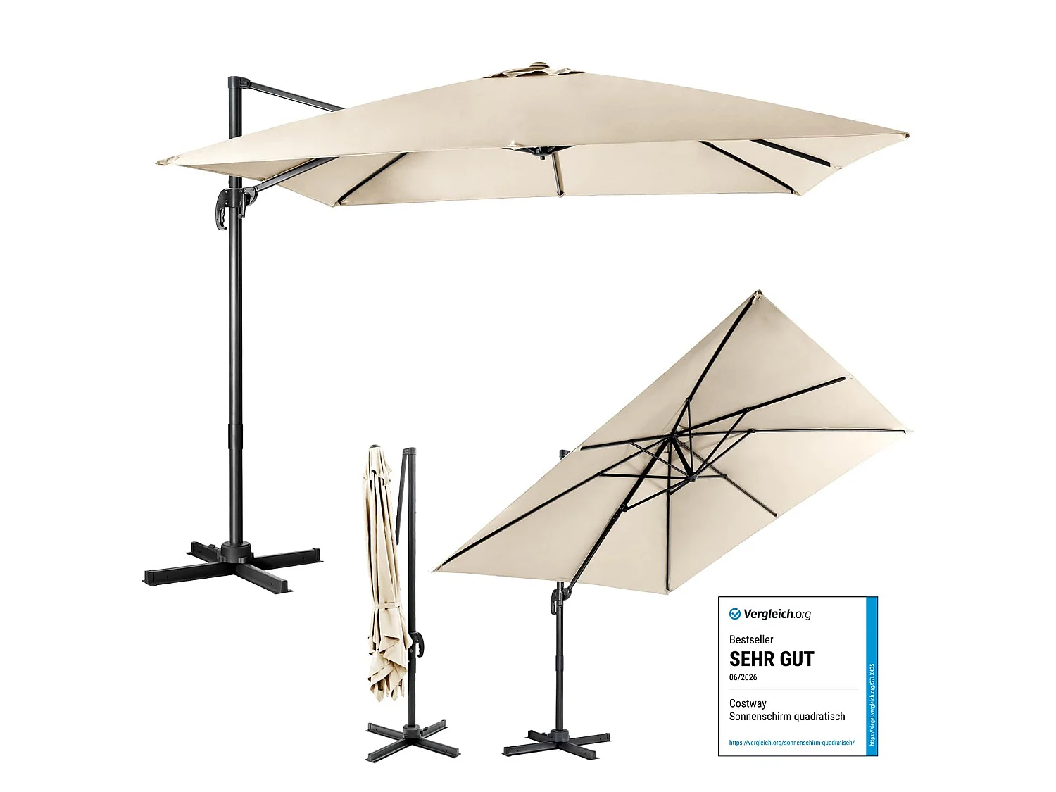 Parasol Déporté Inclinable 3x3M avec Base Croisée Rotatif à 360°,Manivelle,8 Baleines,Event pour Jardin,Terrasse, H273 cm （Beige)