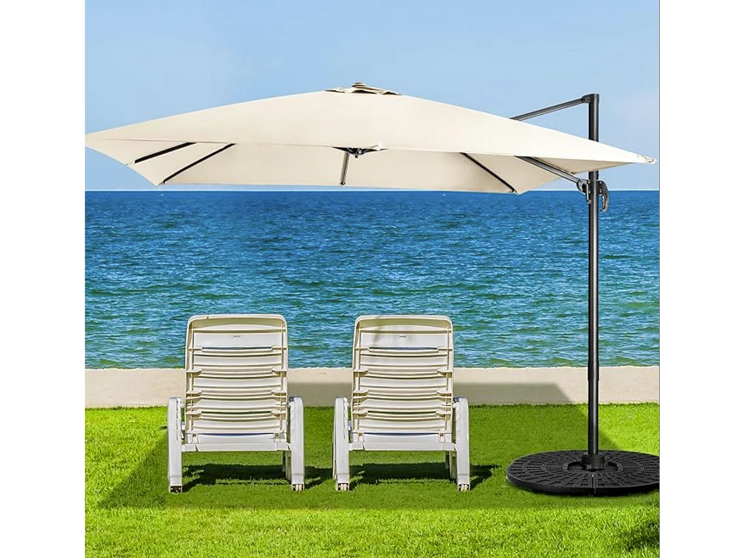 Parasol Déporté Inclinable 3x3M avec Base Croisée Rotatif à 360°,Manivelle,8 Baleines,Event pour Jardin,Terrasse, H273 cm （Beige)