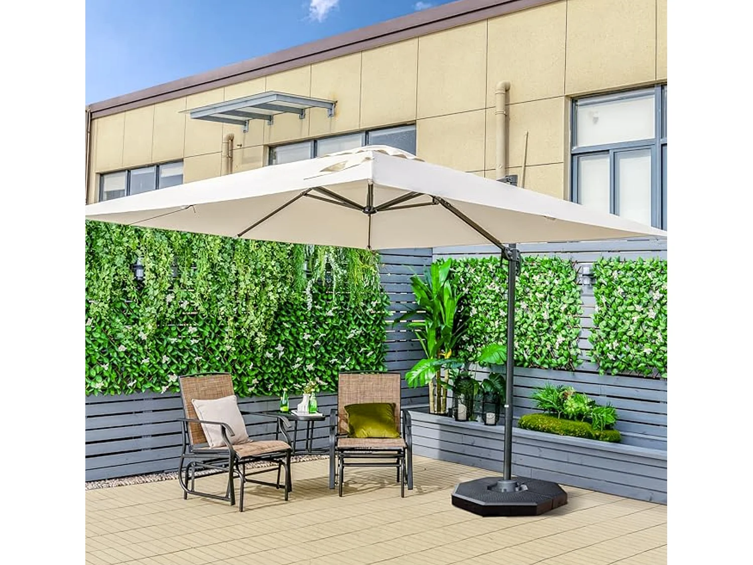 Parasol Déporté Inclinable 3x3M avec Base Croisée Rotatif à 360°,Manivelle,8 Baleines,Event pour Jardin,Terrasse, H273 cm （Beige)