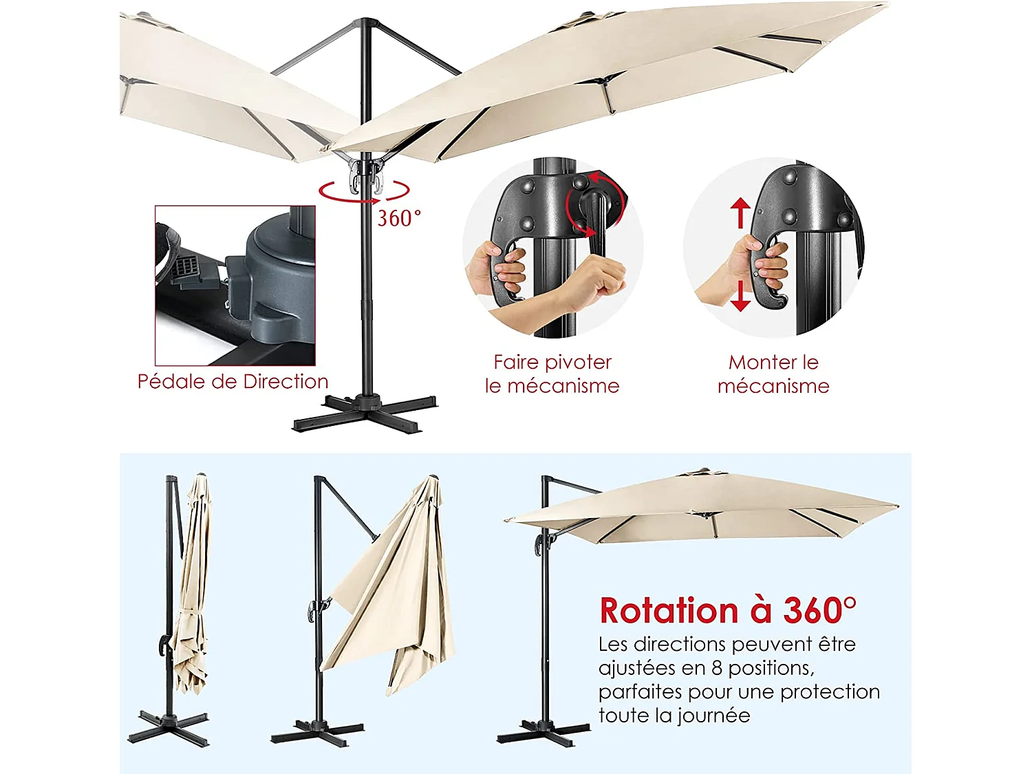 Parasol Déporté Inclinable 3x3M avec Base Croisée Rotatif à 360°,Manivelle,8 Baleines,Event pour Jardin,Terrasse, H273 cm （Beige)