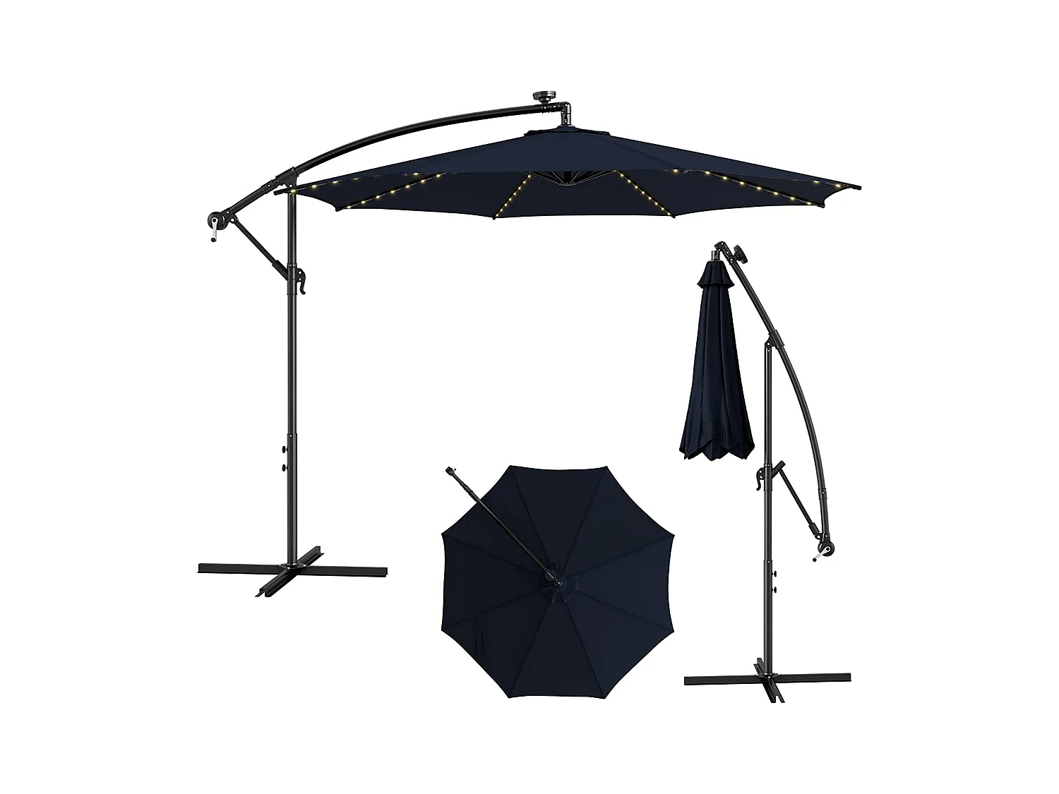 Parasol Déporté Inclinable 3M,112 Lumières LED, Panneau Solaire,Base Croisée Manivelle,Verrou de Sécurité, 303x243,5cm Marine