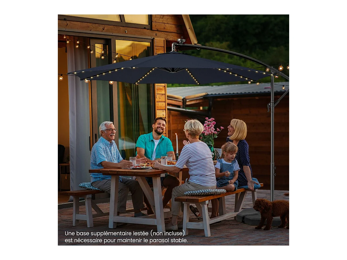 Parasol Déporté Inclinable 3M,112 Lumières LED, Panneau Solaire,Base Croisée Manivelle,Verrou de Sécurité, 303x243,5cm Marine