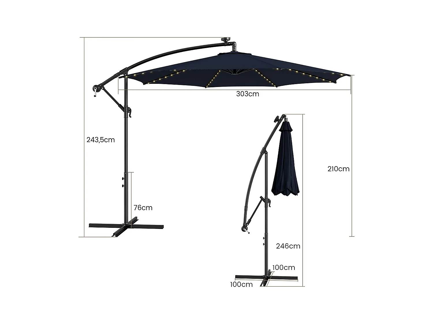 Parasol Déporté Inclinable 3M,112 Lumières LED, Panneau Solaire,Base Croisée Manivelle,Verrou de Sécurité, 303x243,5cm Marine